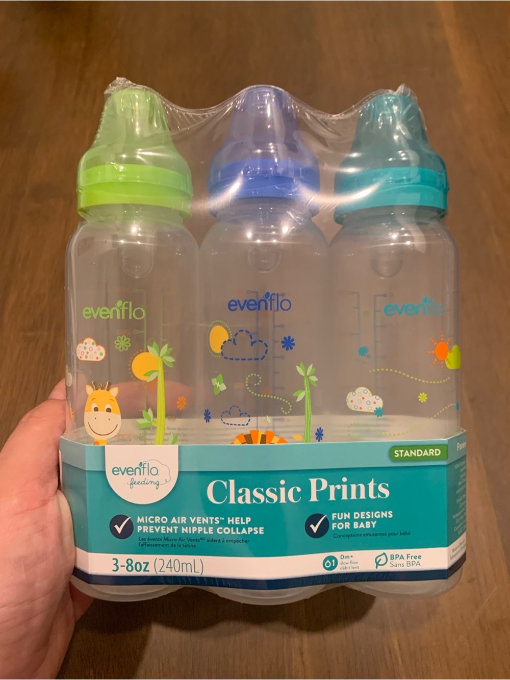 Evenflo Classic Prints Baby Bottles - Green, Blue, Teal (3-Pack)